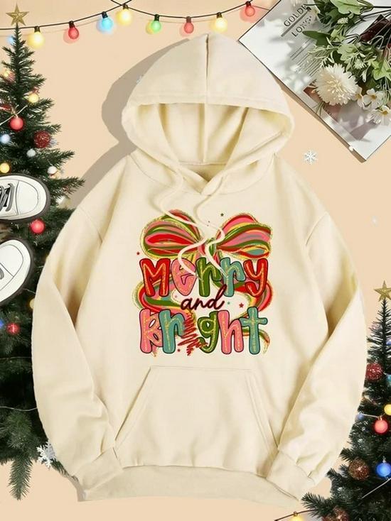 Merry & Bright Bow Print Women's Hoodie - Autumn/Winter Loose Pullover