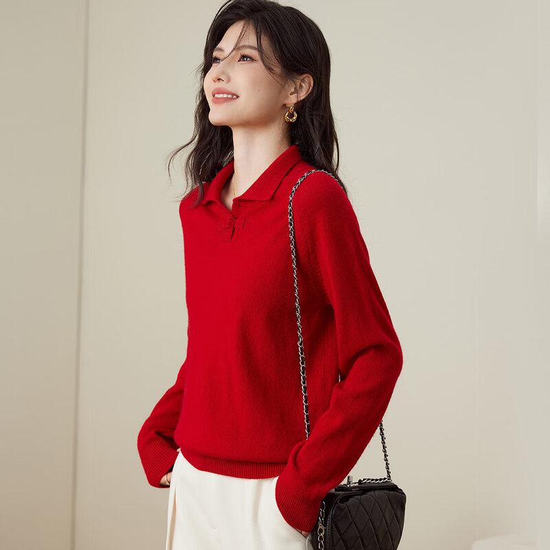 Anruijing Women's Pure Wool Chinese Style Collared Sweater