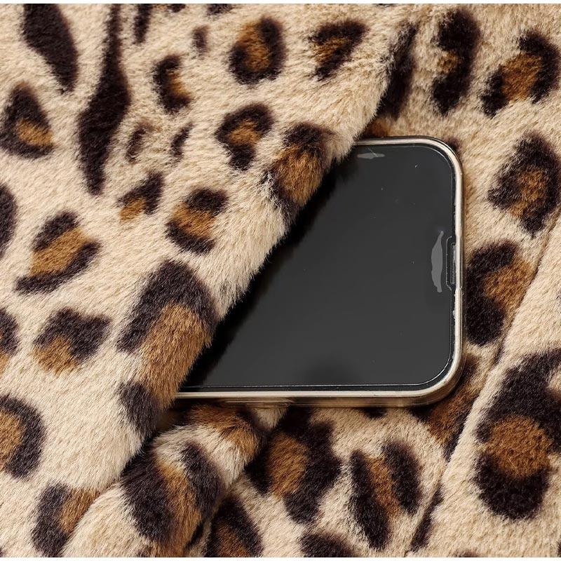 Volné kabáty z umělé kožešiny s leopardím potiskem Ženy Vintage Kožešiny s klopou Kapsa tlustší Podzim Zima Módní Dámský kabát