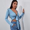 European and American sexy bow deep v-neck chest strap open button short T-shirt short top long sleeve knitted sweater women's clothing