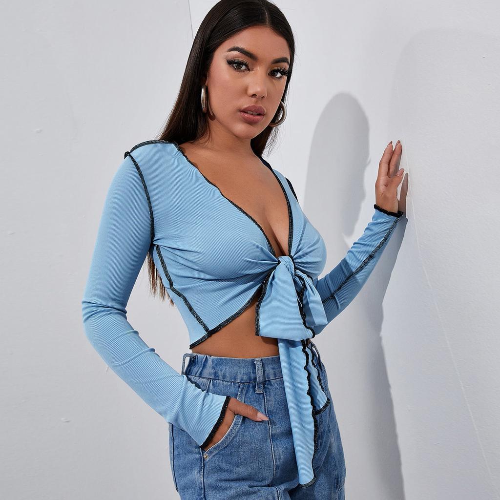 European and American sexy bow deep v-neck chest strap open button short T-shirt short top long sleeve knitted sweater women's clothing