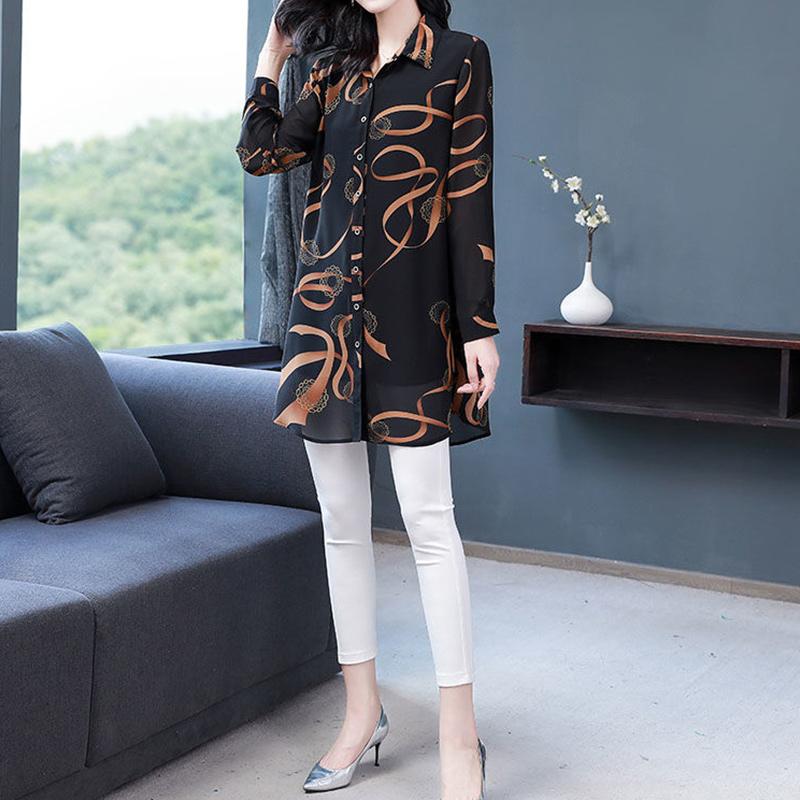 Nueva Blusa Suave y Cómoda de Verano para Mujer Cuello Solapa Botones Arriba Holgada Casual Camisa de Gasa Estampada Manga Larga Cárdigan Midi