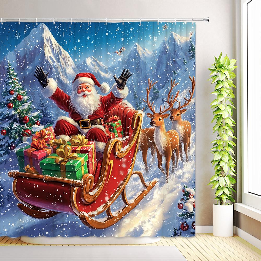 Cute Blue Snowman Christmas Shower Curtains Santa Claus Winter Snow Scenery Forest Cedar Reindeer Xmas Bathroom Decor With Hooks