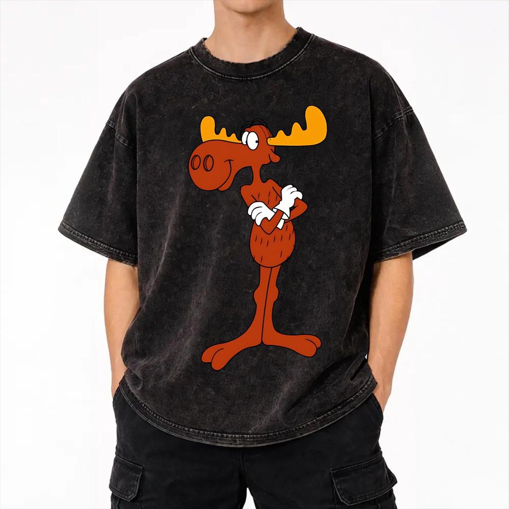 rockys bullwinkles Outfit Washed T Shirts Men Women Streetwear Hip Hop T-Shirts Graphic Printed Tees Tops 100% Cotton