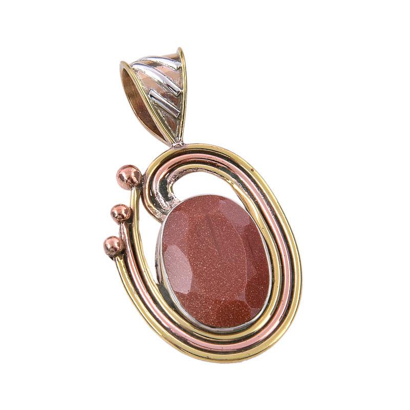 Natural Sunstone Gemstone 925 Solid Sterling Silver Two Tone Pendant 1.50" i8H49