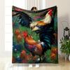 "Vivid Roosters In Floral Garden Scene" Patterned Flannel Blanket Perfect for the Bedroom Living Room, Sofa, or a Little Nap