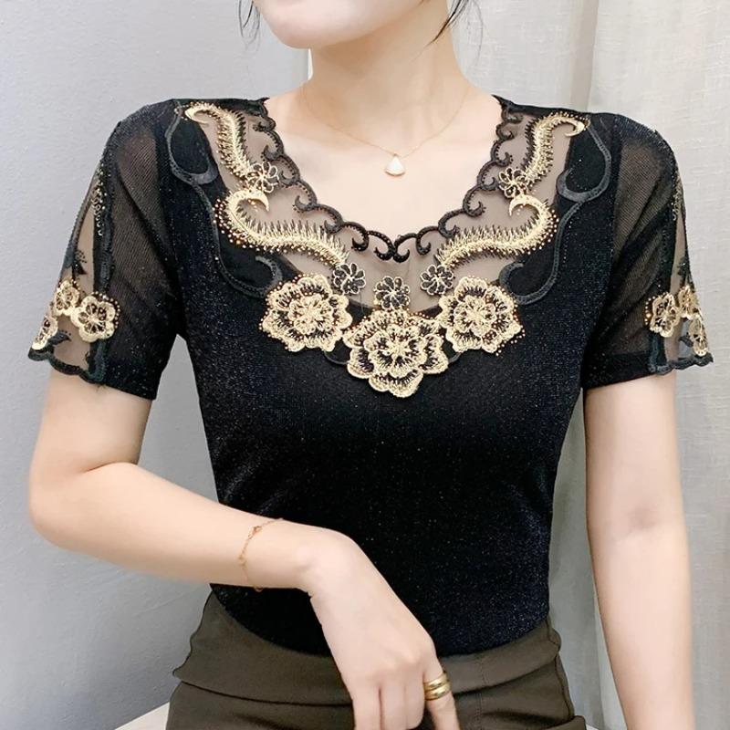 Summer Lace Hot Diamonds Embroidery Flower Designer T-Shirt Elastic Sexy O-Neck Slim Mesh Tops Chic Women's Short Sleeved Vintage Tees Blouse