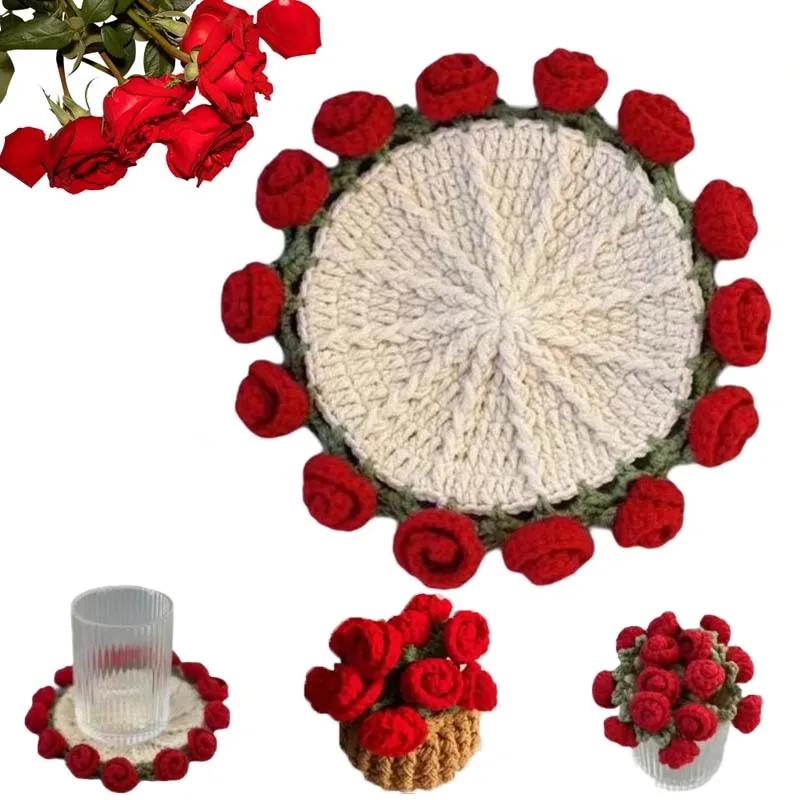 Ensemble de sous-verres Fleur Rose au Crochet à la Main Résistant à la Chaleur Décor de Table Cadeau pour la Maison Décor de Table à Manger Fourniture Tapis Réutilisable