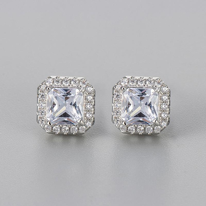 Classic Luxury Shining Zircon Square Color Imitation Gemstone Stud Earrings for Women Trendy Exquisite Stainless Steel Jewelry