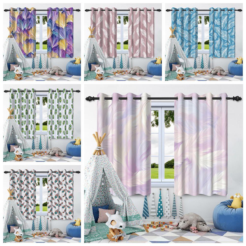 2pcs Feather Pattern Window Curtains Elegant Style Home Bedroom Living Room Blackout Curtains Thermal Insulation Washable Fabric
