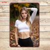 Vertical Metal Tin Sign Blonde Woman Yellow Crop Top Denim Shorts Wildflower Scenery Wall Hanging Decor