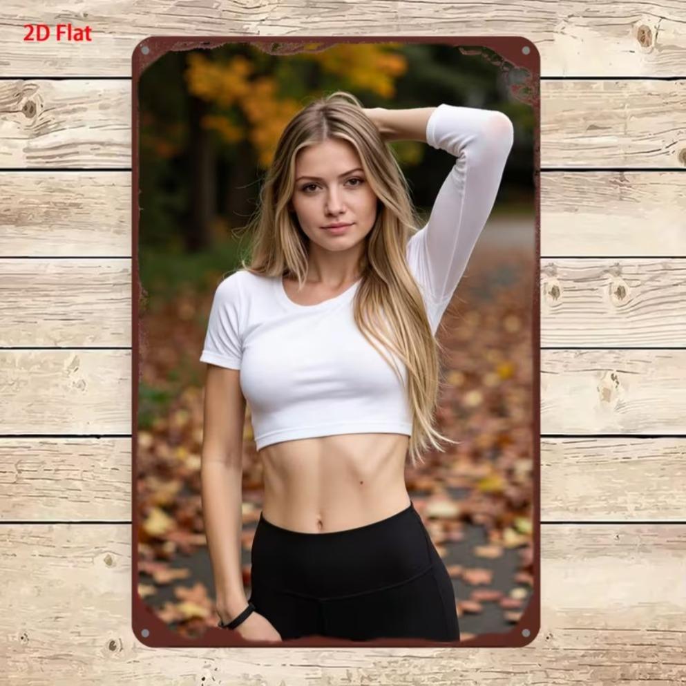 Vertical Metal Tin Sign Blonde Woman Yellow Crop Top Denim Shorts Wildflower Scenery Wall Hanging Decor