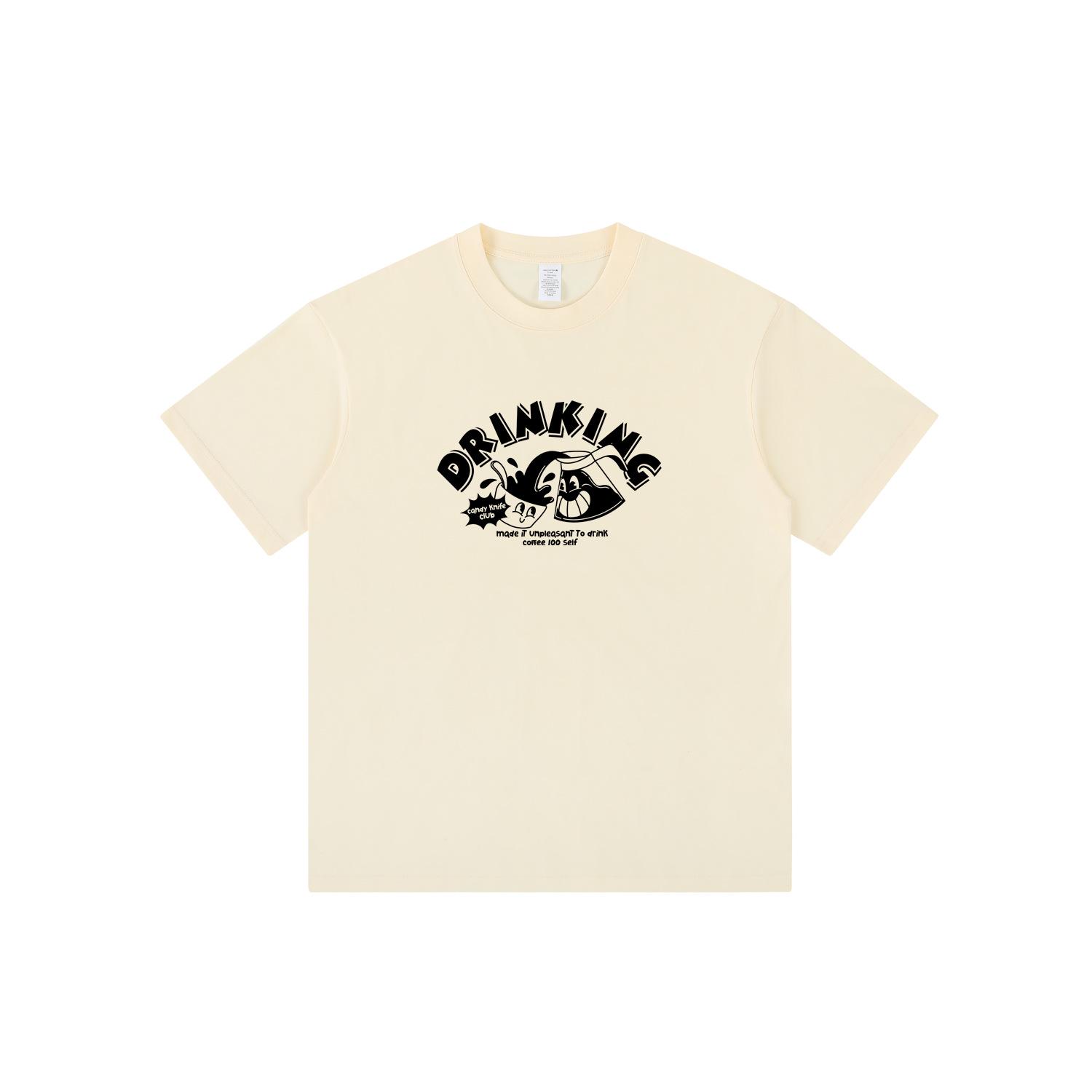 

Guochao Unisex Cartoon Print Oversized Cotton T-shirt - Summer Hong Kong Style 2XL бежевый