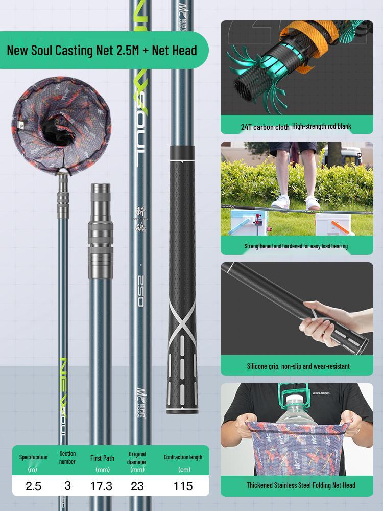 Superharte Carbon-Angelruten-Kombination: Kescher, Rute, Kopf, Fischbehälter, Extraharte integrierte Blankrute