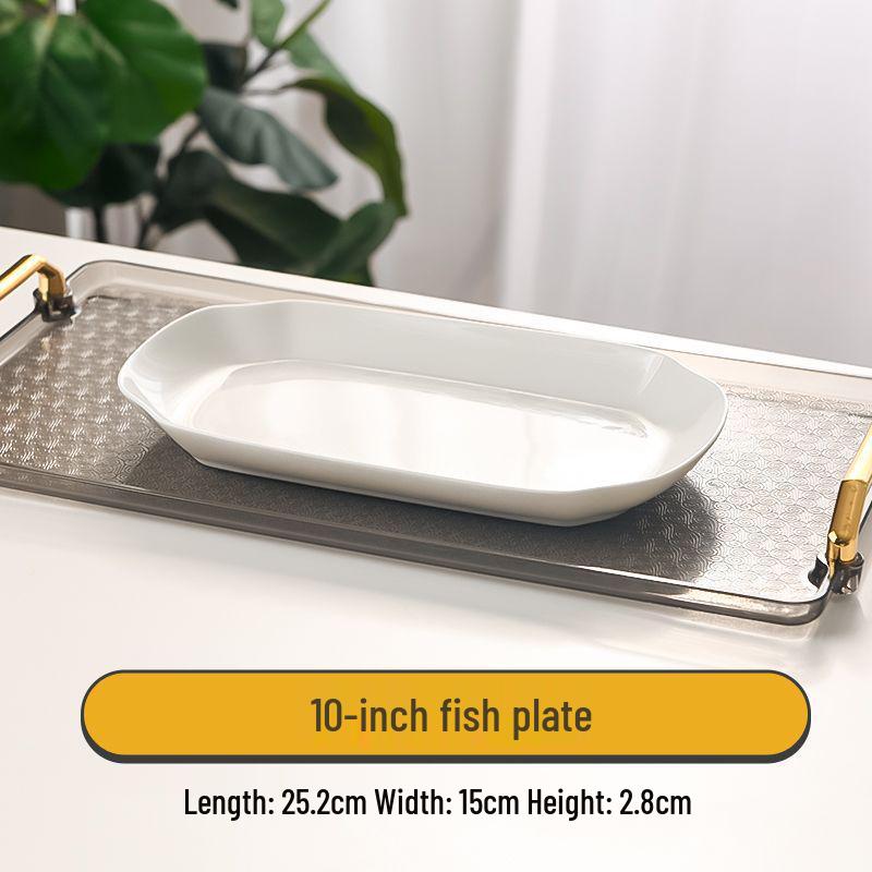 Elegant Pure White Bone China Fish Plate - Rectangular Long Deep Dish for Steamed Fish.