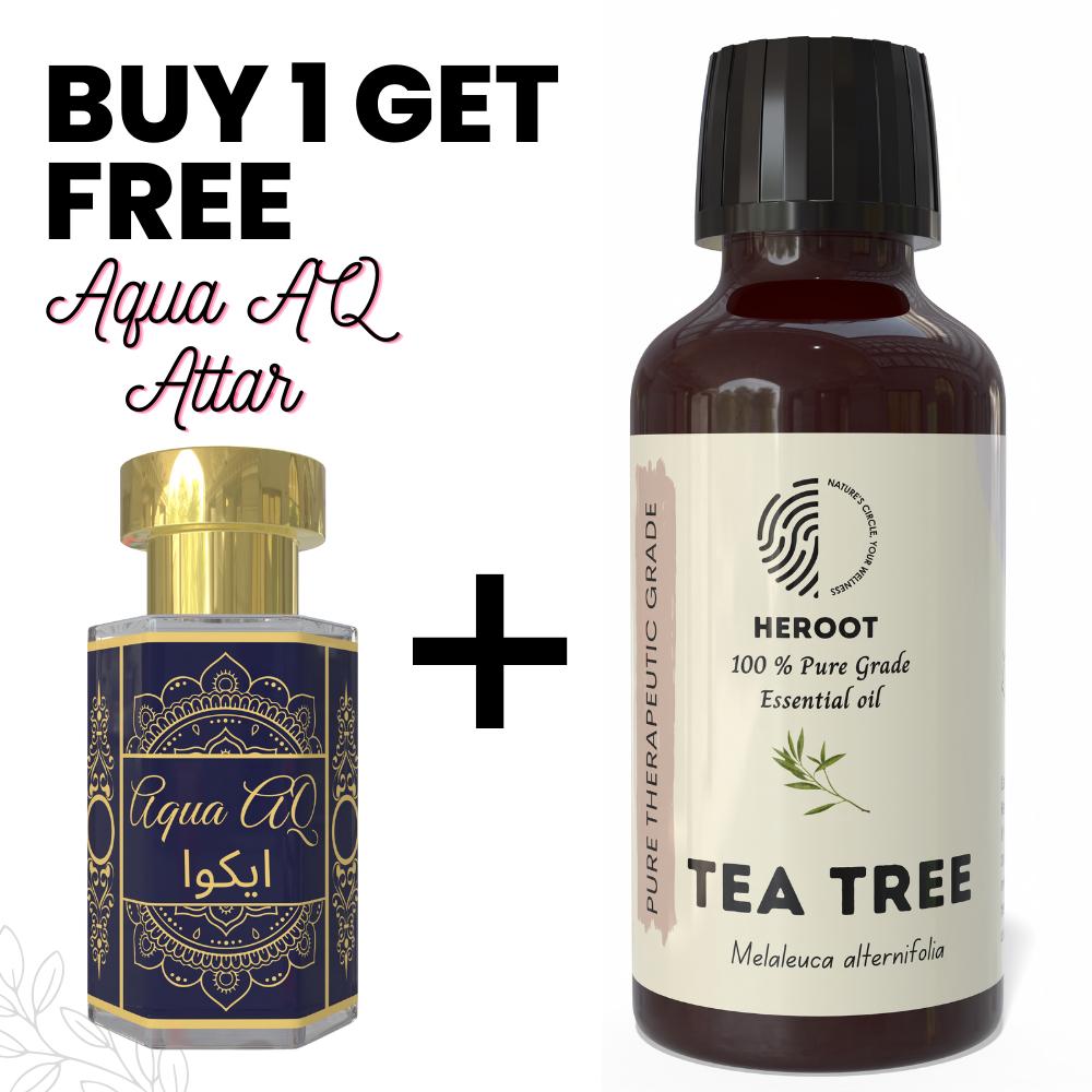 Tea Tree Essential Oil 10ml for Aromatherapy & Home Fragrance Get 1 Free 6 Ml Attar – Aqua AQ, Dubai Oud, Aura, White Oud