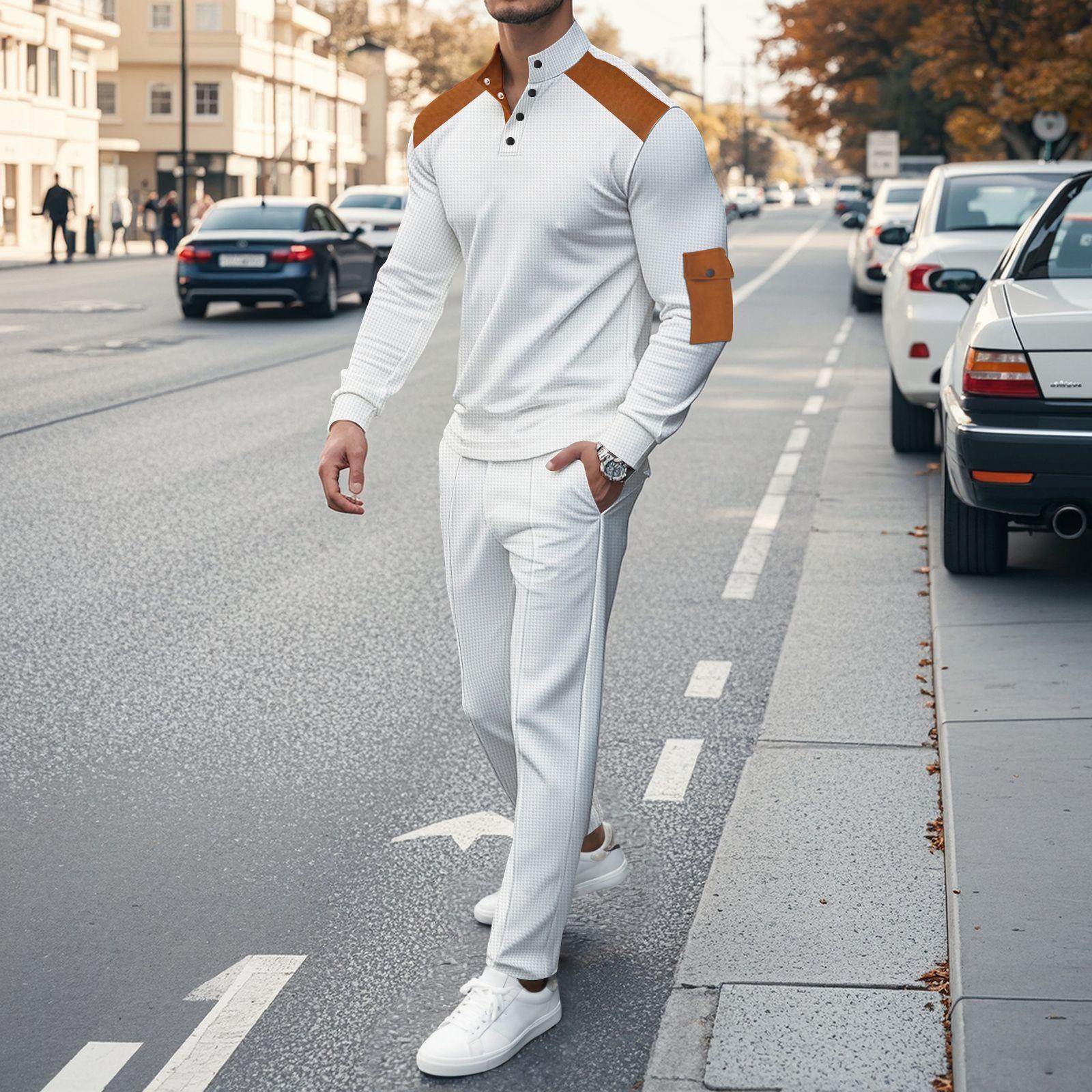 

Мужской топ с воротником-стойкой, кожаный, на пуговицах, с карманом, с длинным рукавом, повседневный спортивный комплект с брюками на кулиске L белый