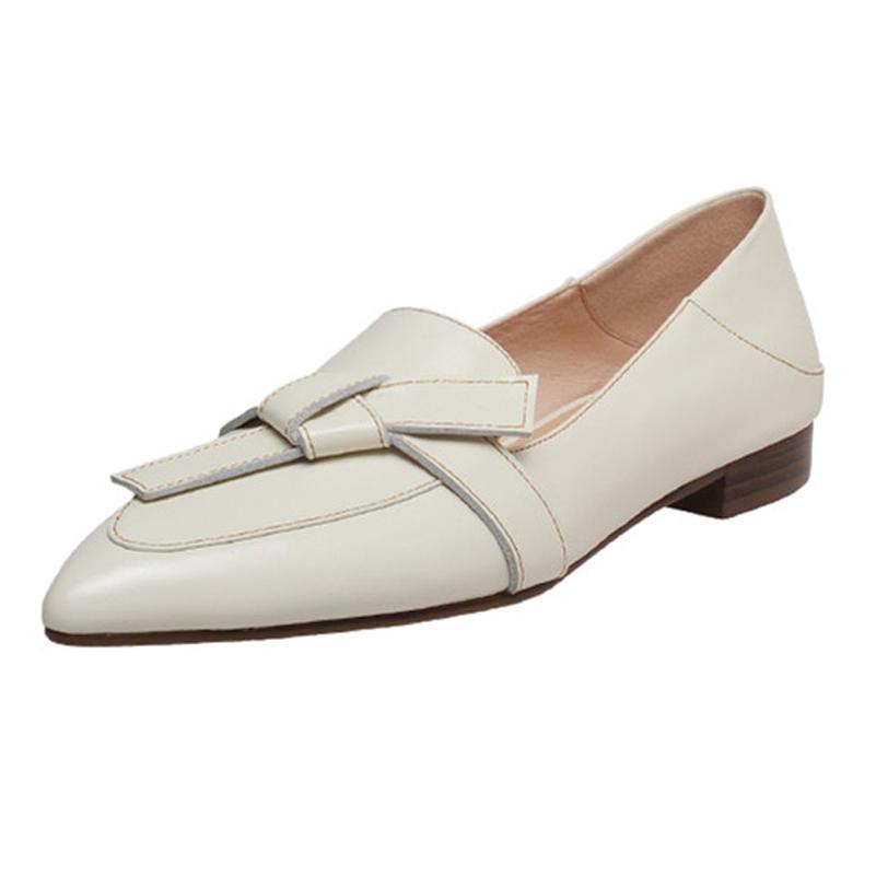 

Meotina, туфли на плоской подошве с острым носком, женские лоферы из натуральной кожи, обувь без шнуровки с бантом, женская повседневная обувь на плоской подошве, бежевого цвета 34 бежевый