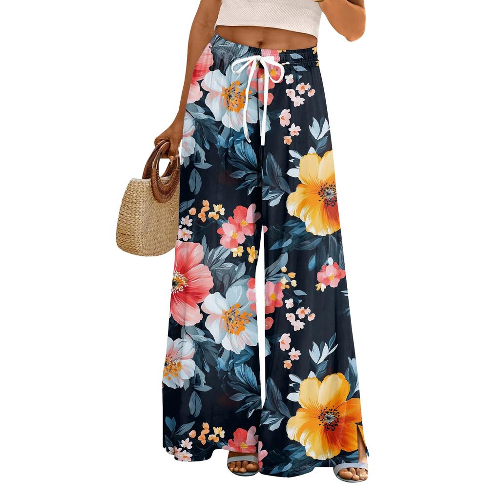 Damen Lockere Lässige Hose mit Blumenmuster, Weitem Bein, Elastischem Bund, Kordelzug und Taschen