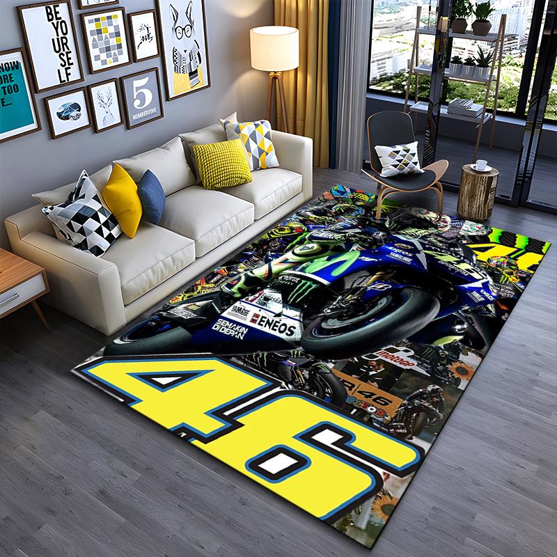 Sports Area Rug, Valentino Rossi 46 Movistar Yamaha Wheelie Monster Energy Blue Bike Print, Garage Decor, Non-Slip Mat