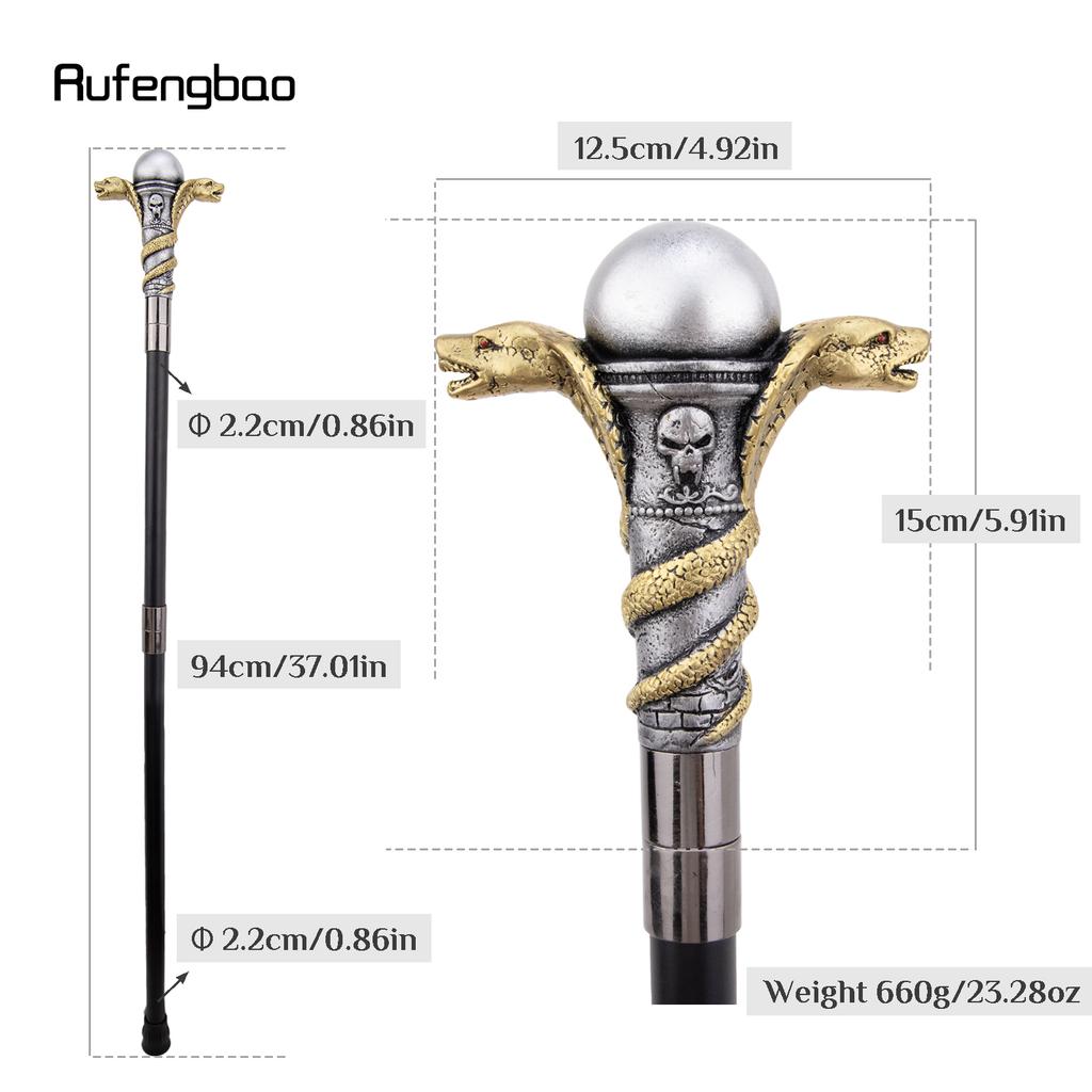 Golden Resin Double Snake Head Cobra Walking Cane Fashion Decorative Steel Stick Gentleman Elegant Cosplay Cane Crosier 94cm