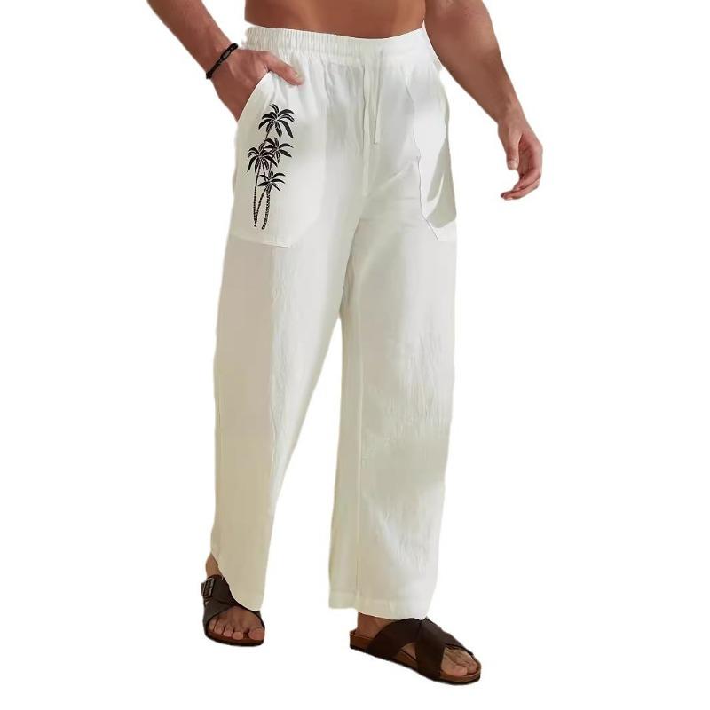 Mens Casual Solid Color Palm Tree Print Drawstring Waist Linen Wide Leg Pants With Pockets S белый