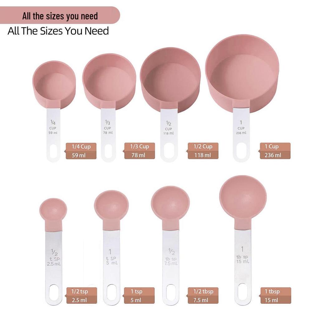 Zestaw 8 miarek i łyżek ze stali nierdzewnej z plastikowymi kubkami z podziałką do kontaktu z żywnością