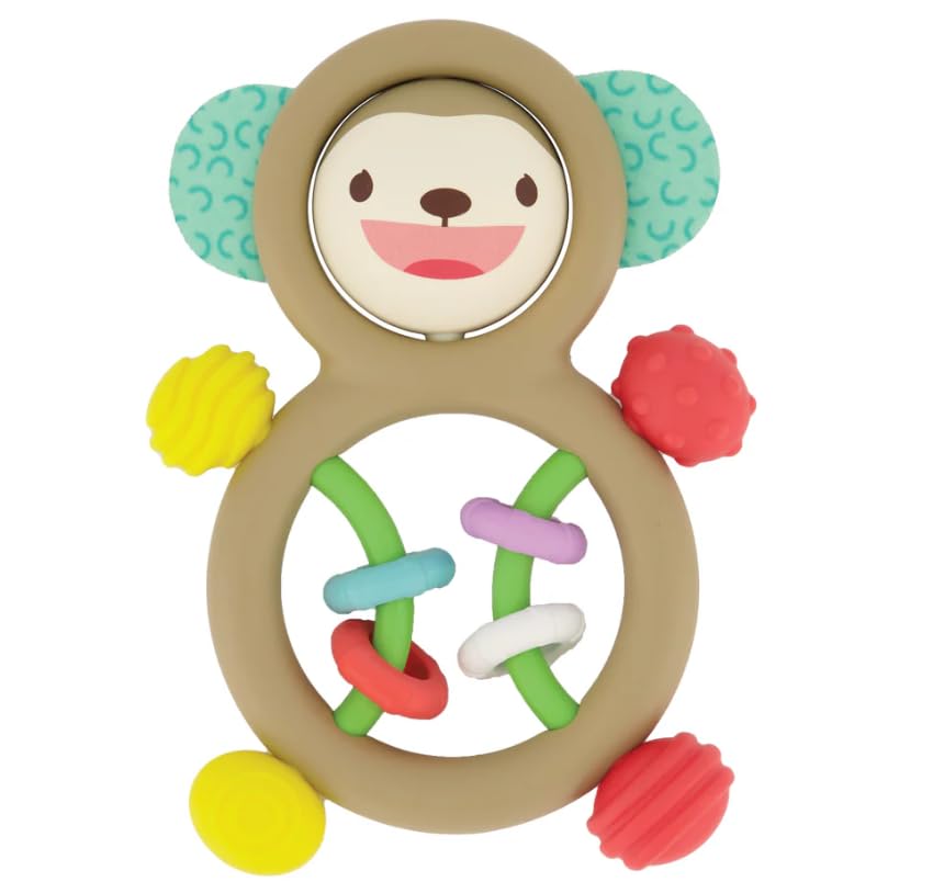 [Official Japanese Product] Infantino Busy Lil' Sensory Rattle (Monkey Rattle & Teething Ring) for Babies 3 Months and Up, Newborn Toy