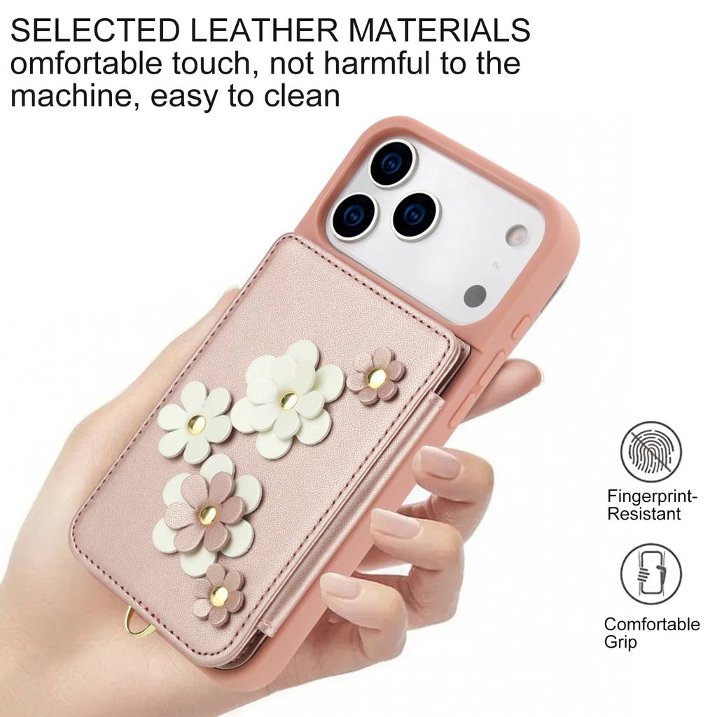 For iPhone 17 Pro Max iPhone Air Case, Wallet with Card Holder, Cute Flower Design Crossbody Purse,Magnetic Kickstand Shockproof