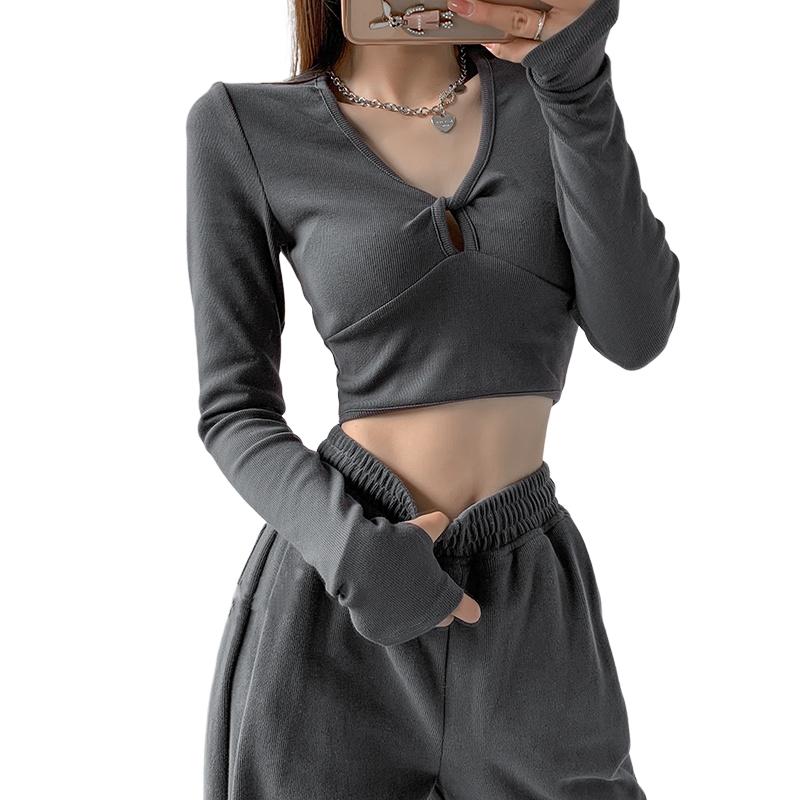 Camiseta Sexy de manga larga, ropa de calle Y2k, Top corto de punto, moda coreana, camiseta corta ajustada para primavera y otoño