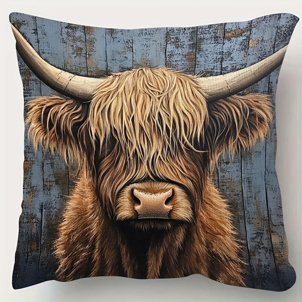 1pc, Short Plush Decorative Pillow Cover, Scottish Highland Cow Brave Step Pillowcase, Single-Sided Print, 45.72x45.72cm, Suitable for Sofa, Living Ro