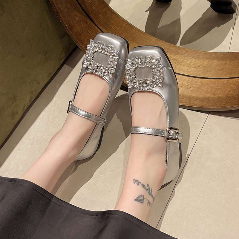 Flat-bottomed French rhinestone women's new 2025 popular evening black square buckle Mary Jane shoes small leather shoes single shoes