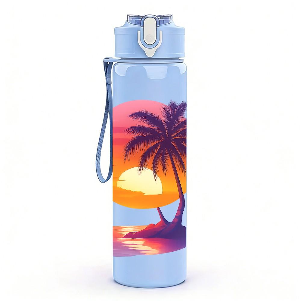 1PC Sunset Palm Beach Scene 750ml Color Plastic Sports Water Bottle Leakproof Flip Straw Lid Suitable for Sports Office Home Use