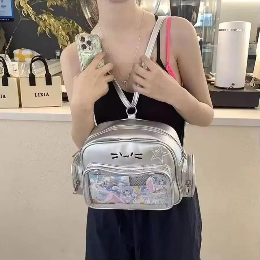 Y2K Korean Cute Cat Ita Bag Japan Kawaii Pu Crossbody Bag Girls Transparent Pocket Harajuku Shoulder Bag Silver Fashion Backpack