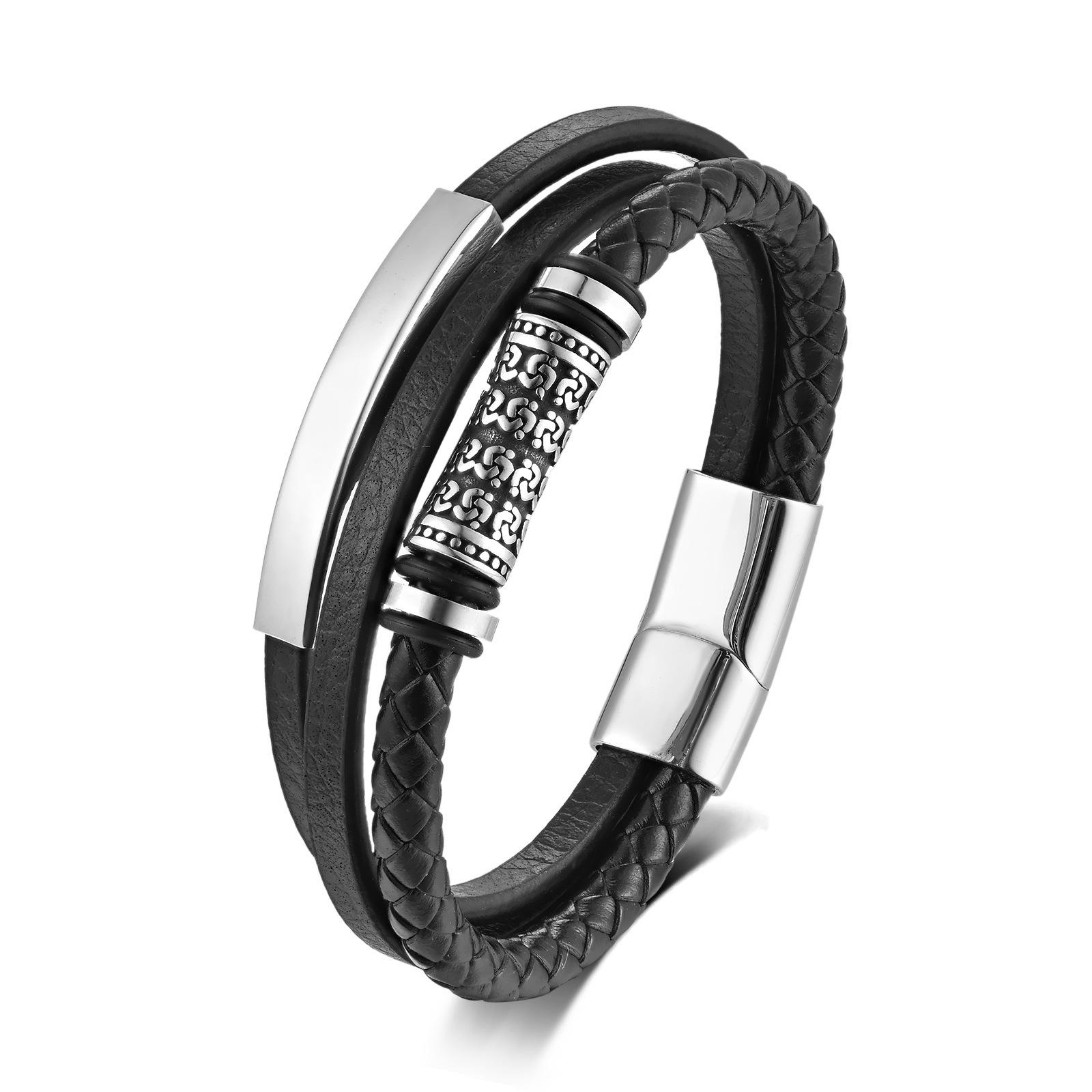 Stylish Personality Hip Hop Multi-layer Retro Stainless Steel Leather Bracelet for Men Hip Hop Style Bracelet Fashion&19cm