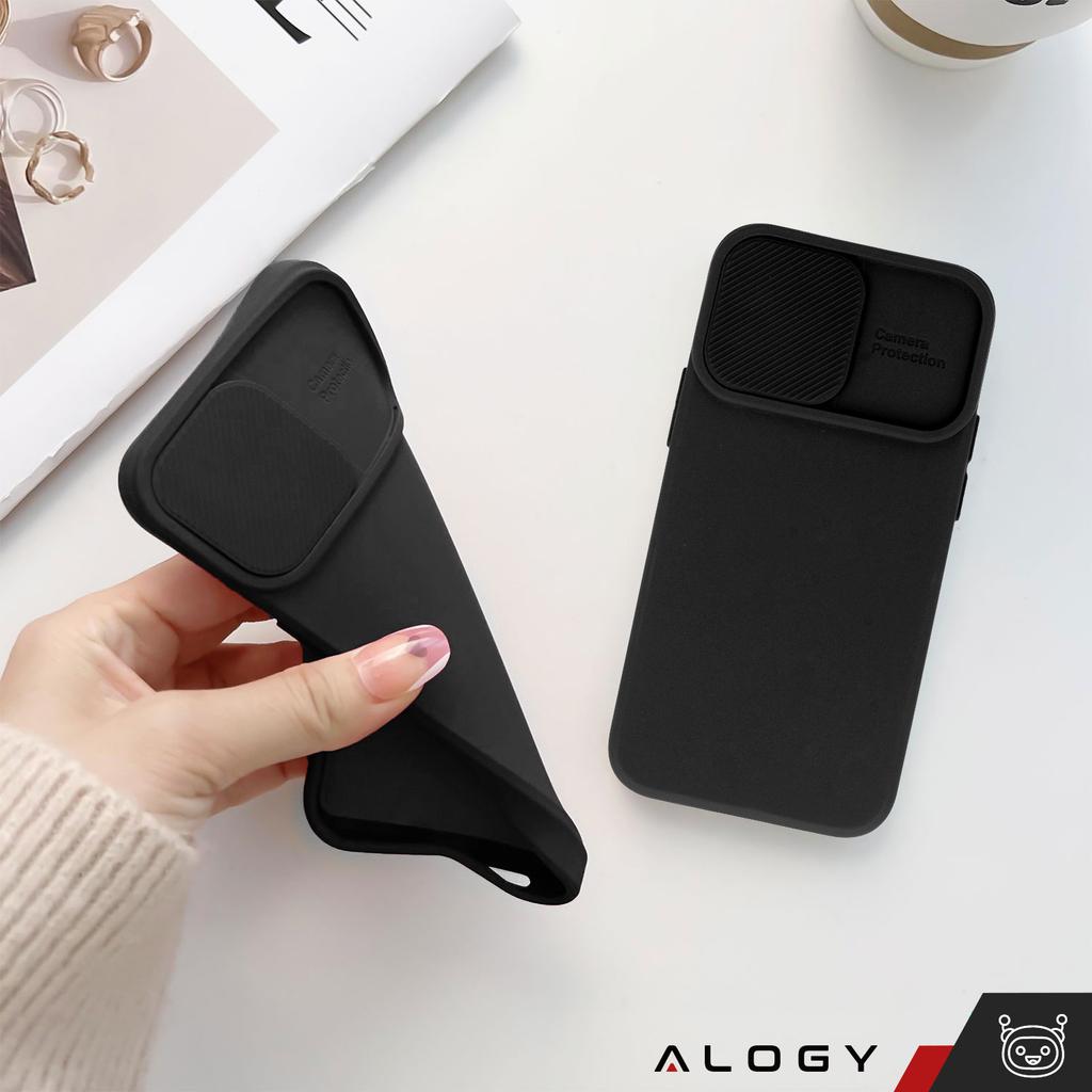 Etui Do Iphone 15 Pro Max Slide Case Z Osłoną Na Obiektyw Aparat Obudowa Matowe Czarne Alogy Soft Matt + Szkło