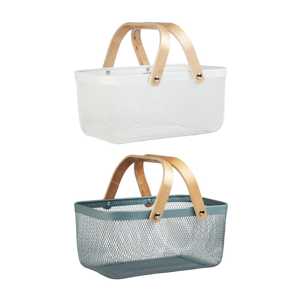 Panier de Rangement Pique-nique Poignées en Bois pour Sortie Randonnée Fruits Légumes Blanc
