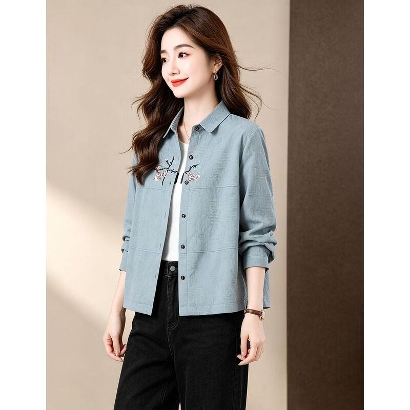 D.F.DEAR Women's Embroidered Floral Cotton Long-Sleeve Shirt