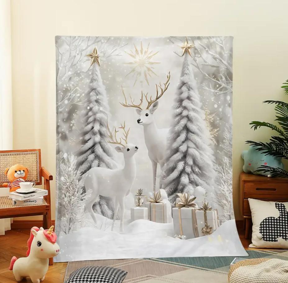 Soft Flannel Cozy Christmas Deer & Tree Throw Blanket  Warm for Naps Camping Travel and Home Decor - Perfect Holiday Gift