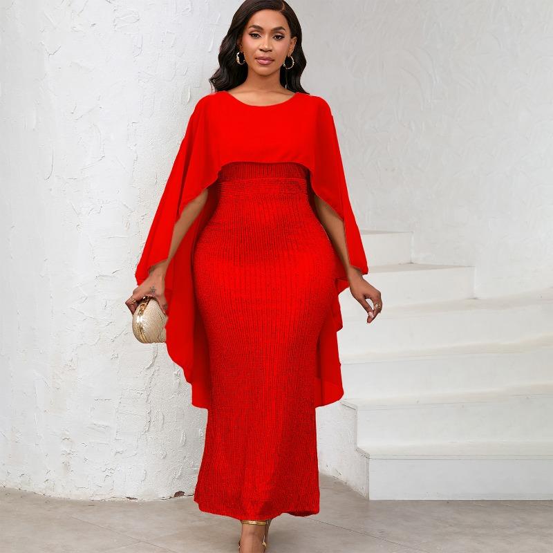 Women's Spring New Fashion Chiffon Cloak Sequins Buttocks Long Dress Banquet Party Dress Dress