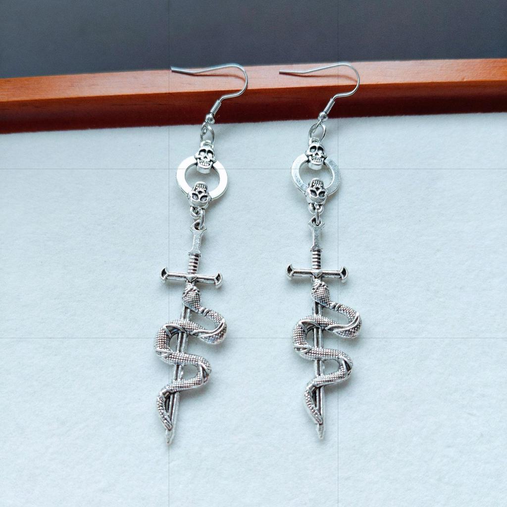 European & American Gothic Skull Snake Sword Long Earrings - Retro Punk Style