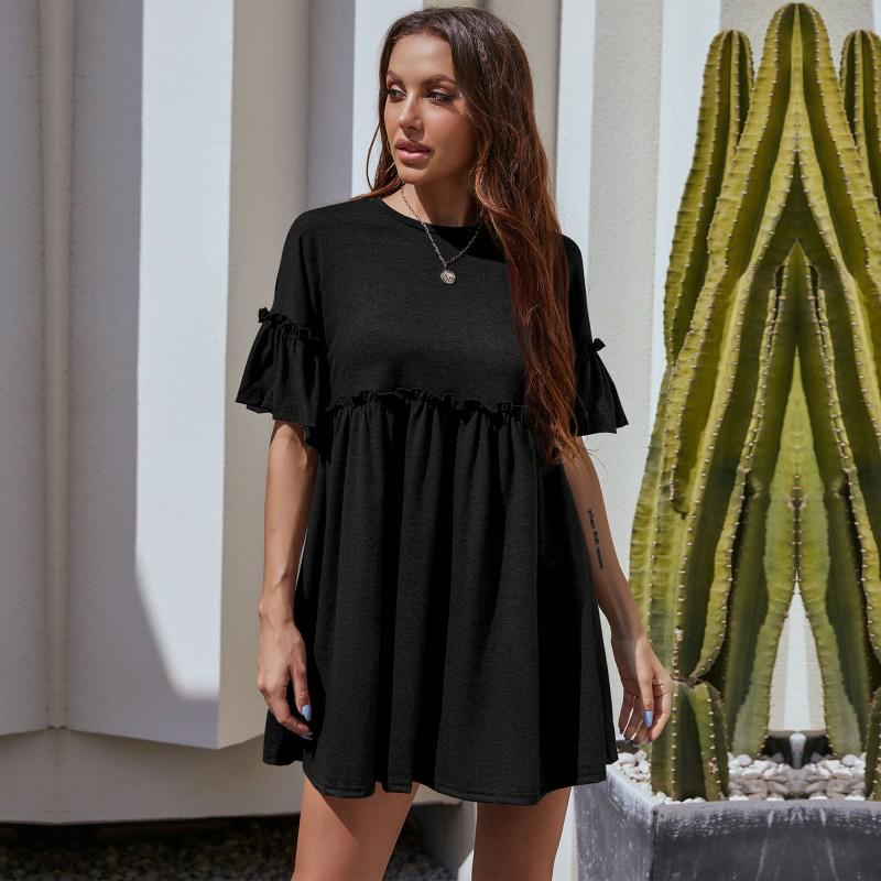 

YYFS женские модные летние весенние однотонные свободные повседневные платья с коротким рукавом и круглым вырезом с принтом XL чёрный