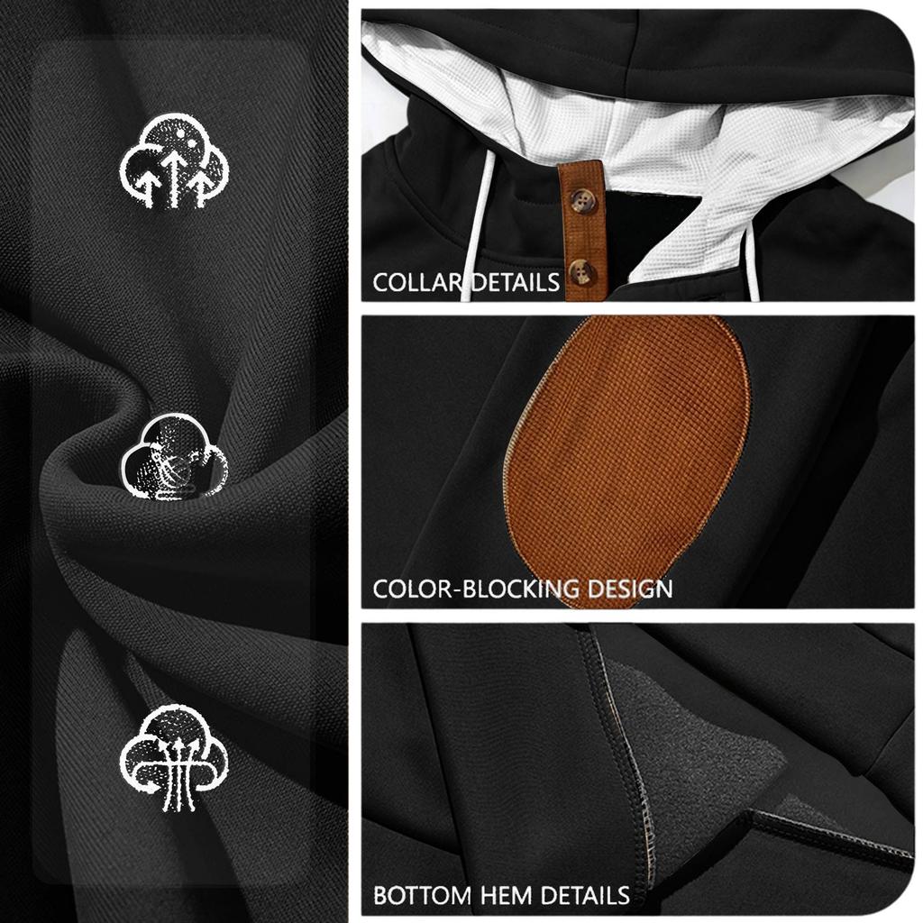 Men's Pullover Hoodie with Leather Patch and Button, Casual Loose Fit
