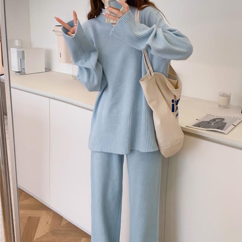 Autumn Winter Split Women's Sweater Sets Solid Color Knitted Sweaters Casual Pants Two-piece Sets