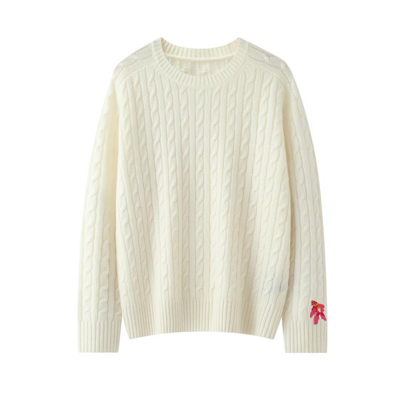 Women's 100% Pure Cashmere Fish Embroidery Sweater - Autumn/Winter Round Neck Knit Pullover, One Size