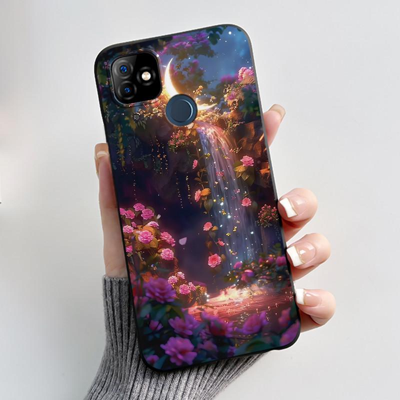 Bumper Soft Silicone Jelly Black Case For Itel P36 Play/Vision 1 Bright Aesthetic Sunset Starry Sky Painted Shockproof Cover