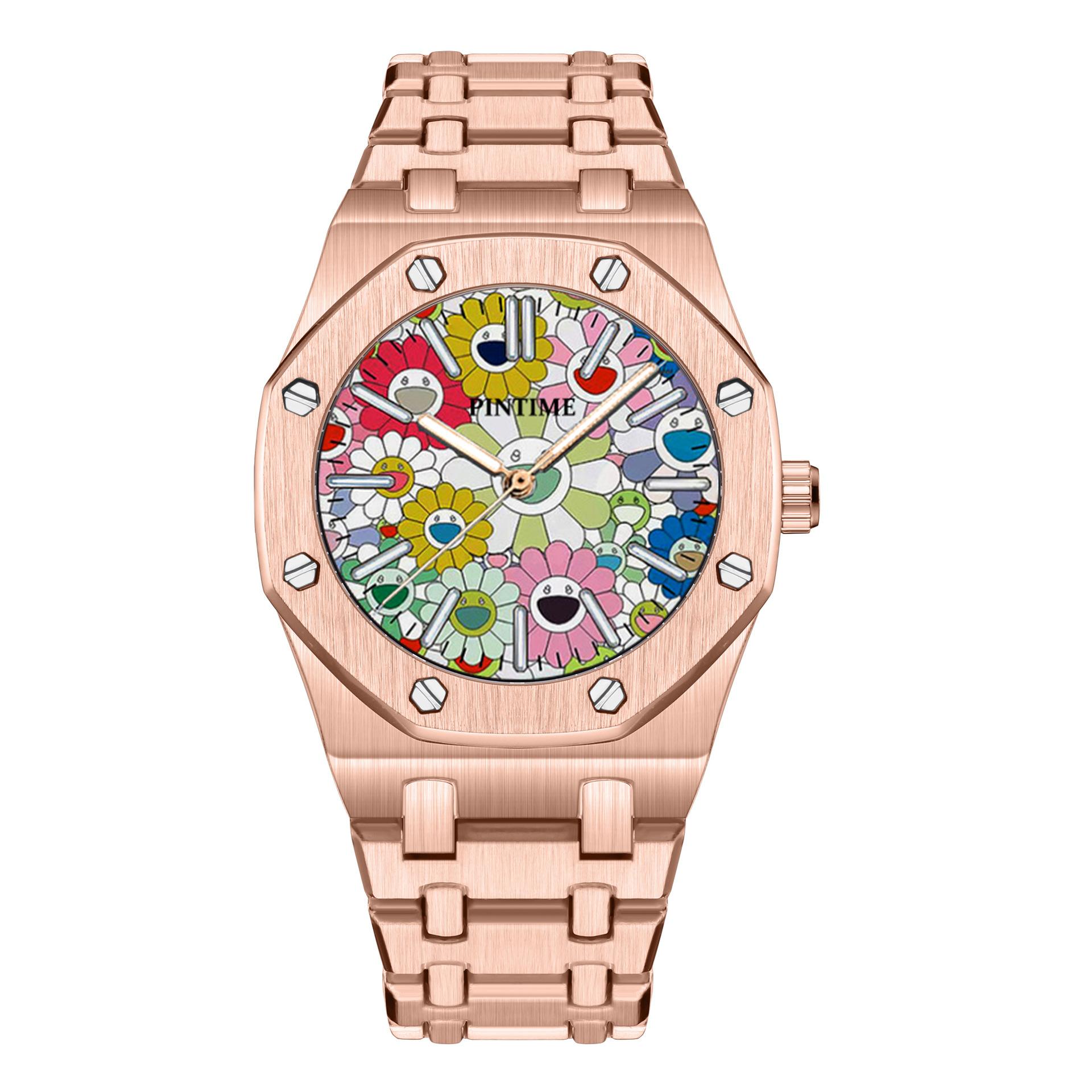 Роскошные мужские фермерские дубовые подсолнухи из нержавеющей стали модные водонепроницаемые мужские кварцевые часы для отдыха ярко-розовый