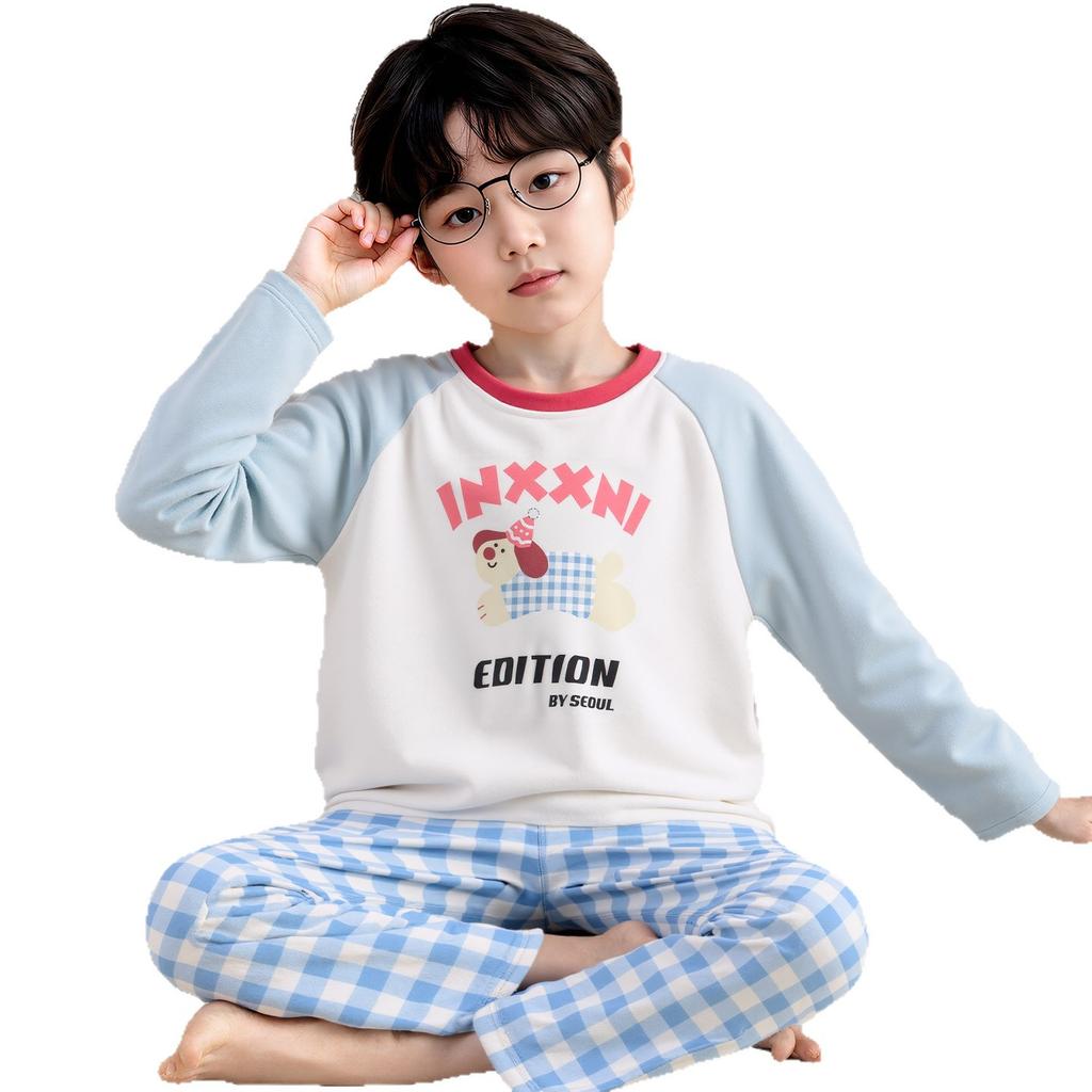 Kids Flannel Pajamas Set Boys Girls Warm Long Sleeve Top And Pants Sleepwear Winter Home Nightwear