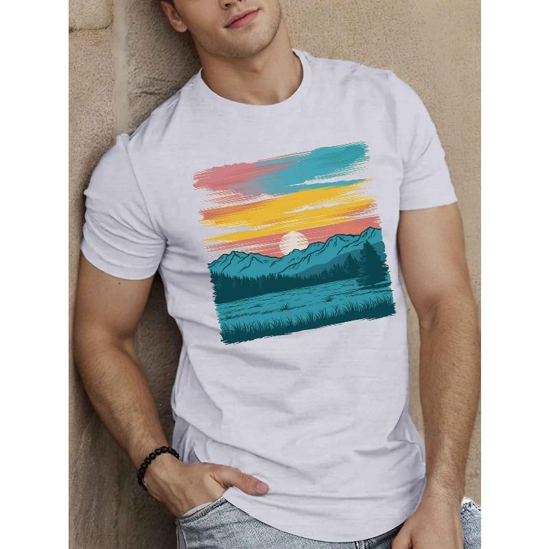 

Men S Casual Graphic T-shirt, Geometric-pattern Crew Neck Short Sleeve T-shirt for Summer Outdoor S белый