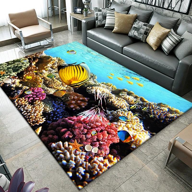 Living Room Large Carpet 3D Visual Printing Underwater World Coral Fish School Pattern Rug Bedroom Dining Room Non Slip Mat